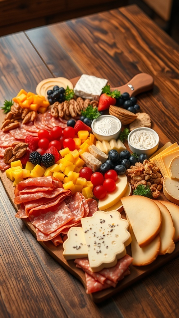 Delicious Charcuterie Board for a Perfect Night A beautifully arranged charcuterie board with meats, cheeses, fruits, and nuts on a wooden board.